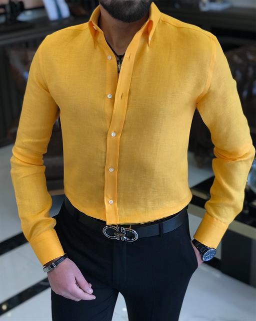 italyan stil slim fit dik yaka saf keten erkek gömlek sarı T9316