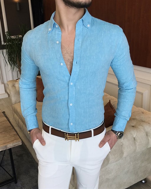 italyan stil slim fit dik yaka saf keten erkek gömlek Mavi T7085