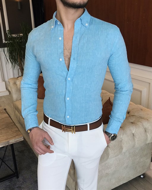 italyan stil slim fit dik yaka saf keten erkek gömlek Mavi T7085