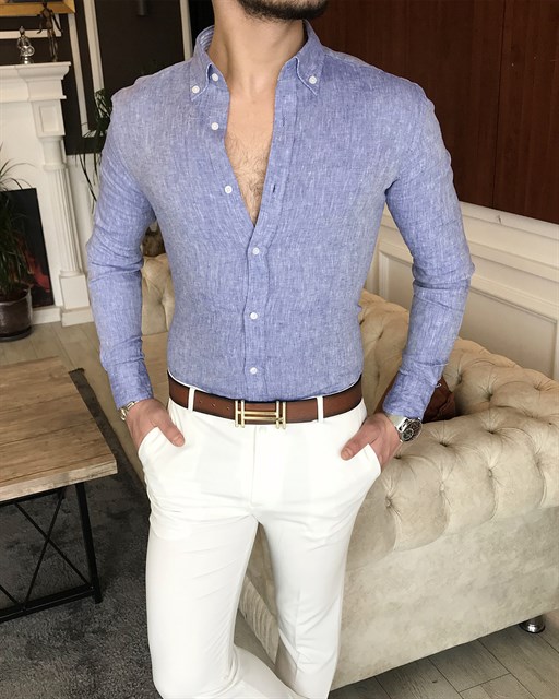 italyan stil slim fit dik yaka saf keten erkek gömlek Mavi T7080