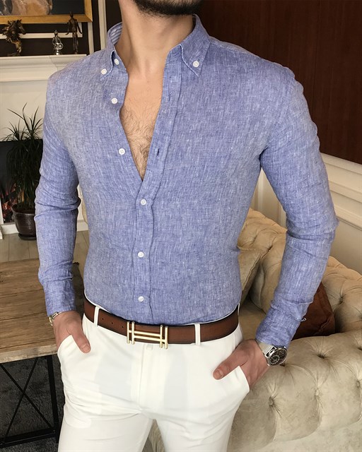 italyan stil slim fit dik yaka saf keten erkek gömlek Mavi T7080