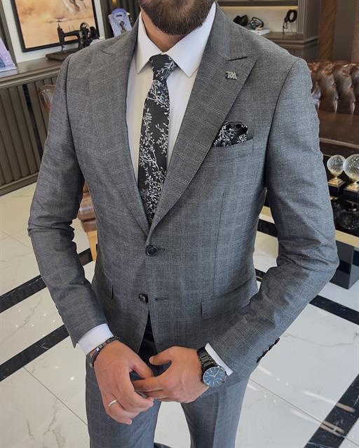 Italian style slim fit plaid jacket pant suit gray T9562