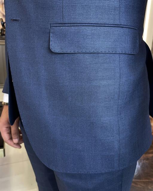 Italian style slim fit plaid jacket pant suit navy blue T9564