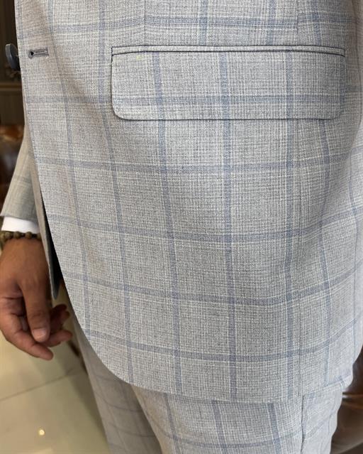 Italian style slim fit plaid jacket pant suit gray T9695