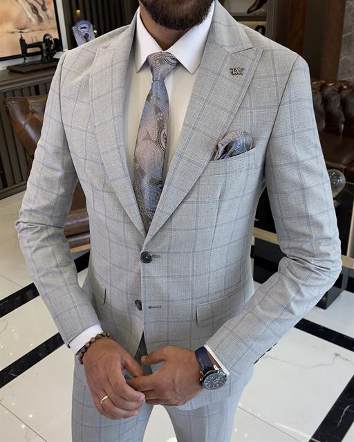 Italian style slim fit plaid jacket pant suit gray T9695