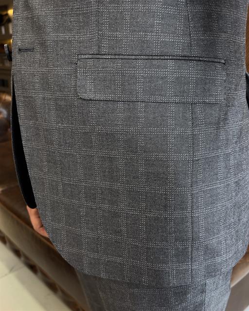 Italian style slim fit plaid jacket pant suit gray T9562