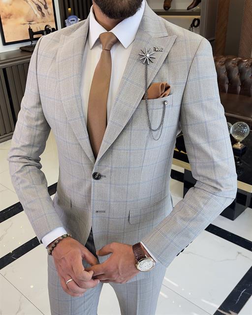 Italian style slim fit plaid jacket pant suit mink T9560