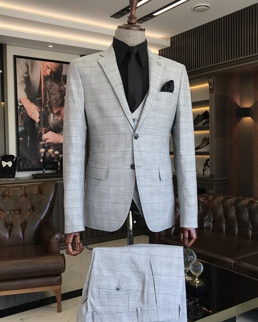 İtalyan stil slim fit ekose ceket yelek pantolon takım elbise gri T9776