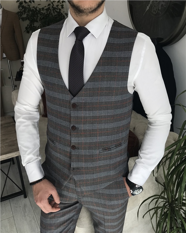 İtalyan stil slim fit ekose ceket yelek pantolon takım elbise Kahverengi T8362