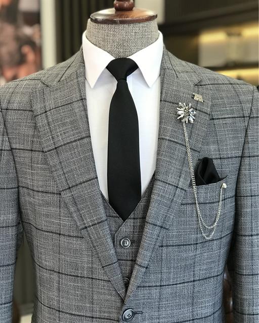 İtalyan stil slim fit ekose ceket yelek pantolon takım elbise antrasit T9774