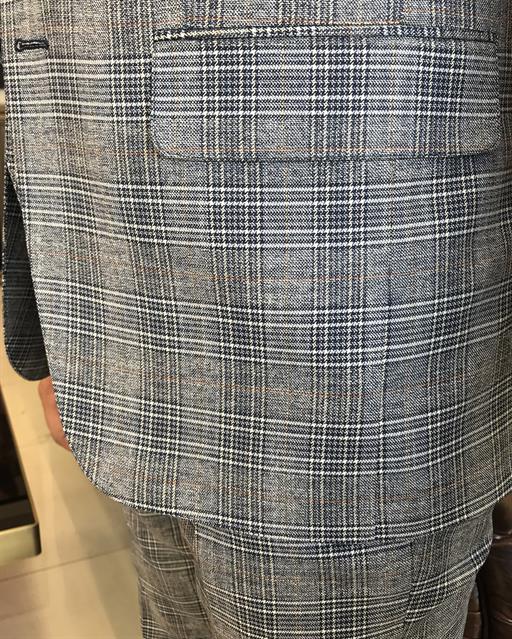 İtalyan stil slim fit ekose ceket yelek pantolon takım elbise lacivert T9777