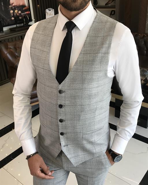 İtalyan stil slim fit ekose ceket yelek pantolon takım elbise gri T9776