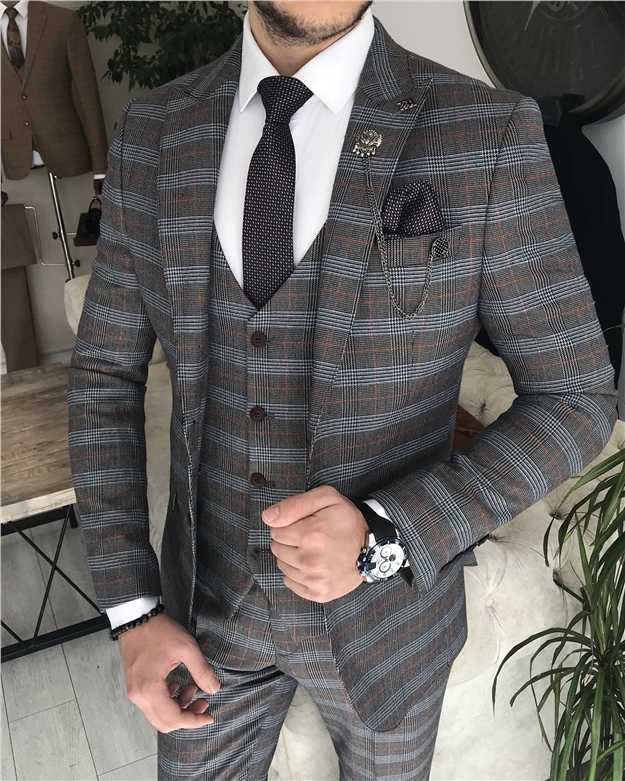 İtalyan stil slim fit ekose ceket yelek pantolon takım elbise Kahverengi T8362