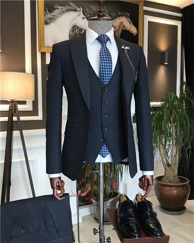 İtalyan stil slim fit ekoseli ceket yelek pantolon takım elbise lacivert T6659