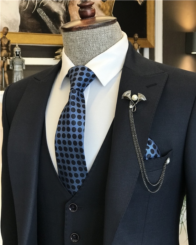 İtalyan stil slim fit ekoseli ceket yelek pantolon takım elbise lacivert T6659