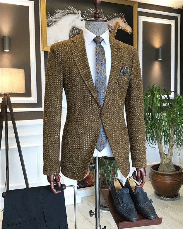 İtalyan stil slim fit erkek blazer tek ceket camel T6298