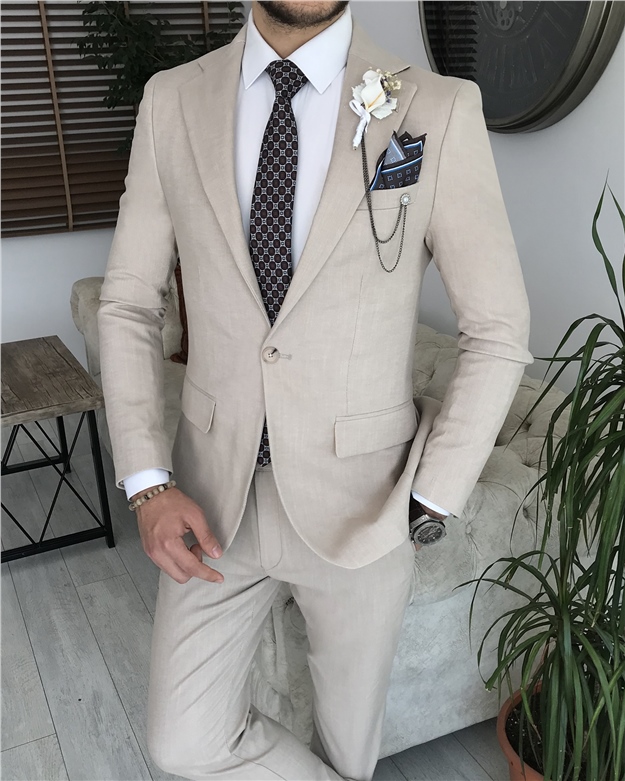 İtalyan stil slim fit erkek ceket beli bağcıklı pantolon takım elbise Bej T8170