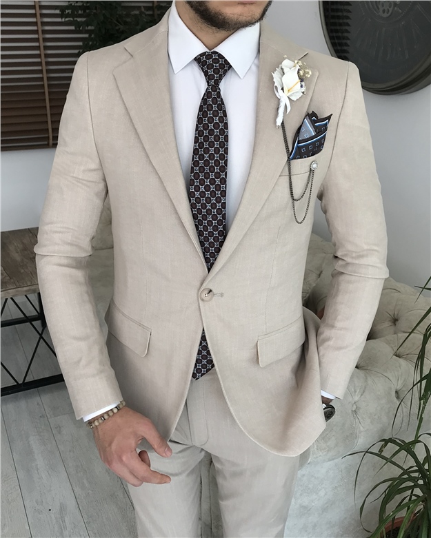 İtalyan stil slim fit erkek ceket beli bağcıklı pantolon takım elbise Bej T8170