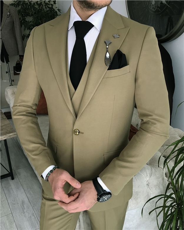İtalyan stil slim fit erkek ceket yelek pantolon takım elbise Yeşil T8397