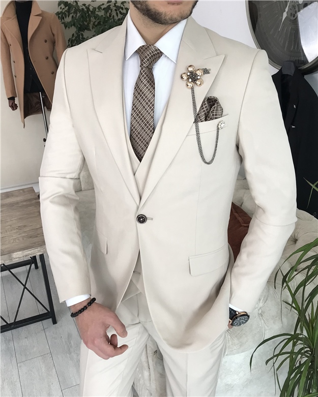 İtalyan stil slim fit erkek ceket yelek pantolon takım elbise Bej T8401