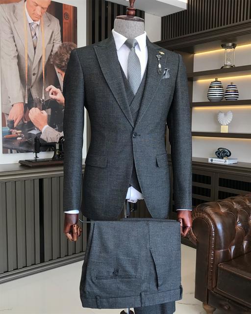 Italian style slim fit men's jacket vest pant suit black T9135