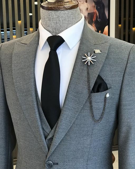 Italian Style Slim Fit Men's Jacket Vest Trousers Suits Gray T9027