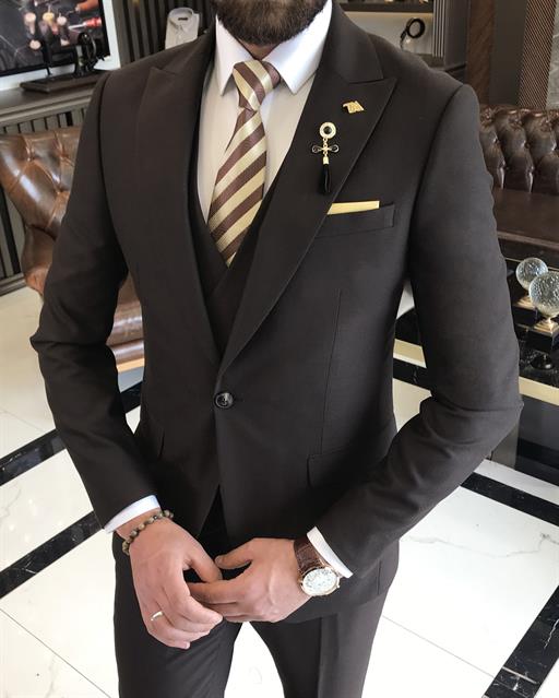 Italian style slim fit men's jacket vest pant suit brown T9527