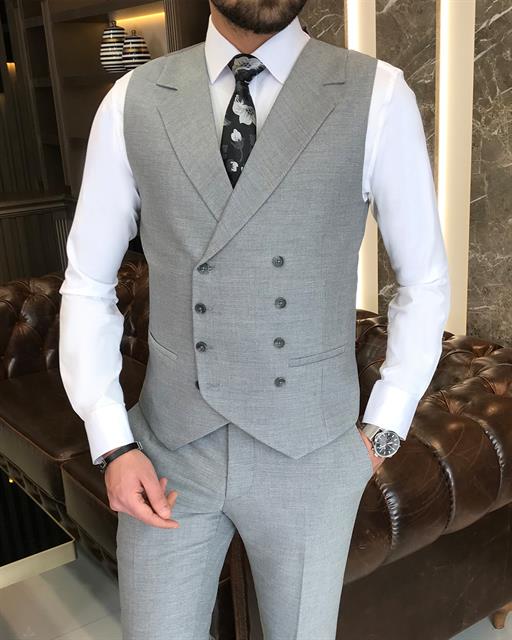 Italian style slim fit men's jacket vest pant suit gray T9115