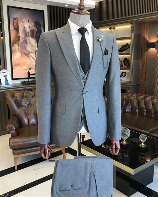 Italian Style Slim Fit Men's Jacket Vest Trousers Suits Gray T9027