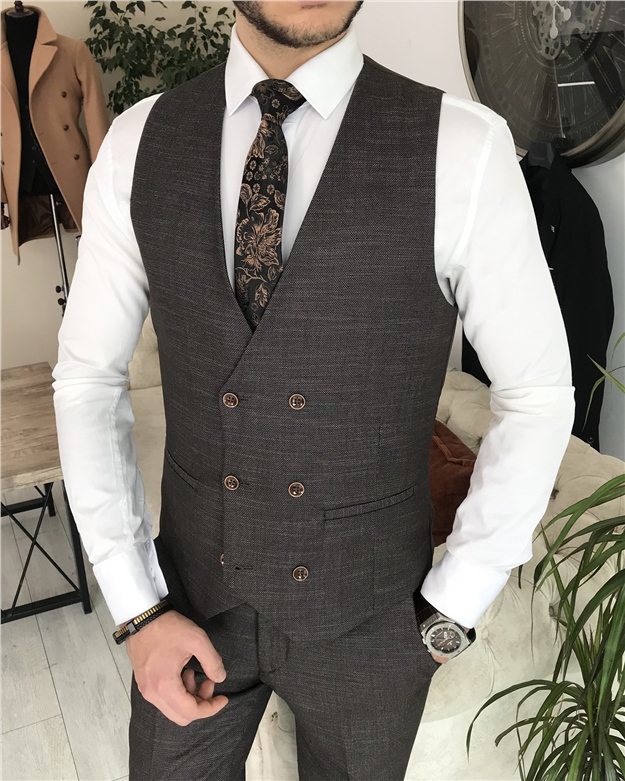 İtalyan stil slim fit erkek ceket yelek pantolon takım elbise Kahverengi T8400