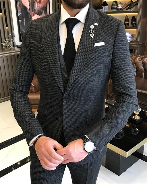 Italian Style Slim Fit Men's Jacket Vest Trousers Suit Black T9039