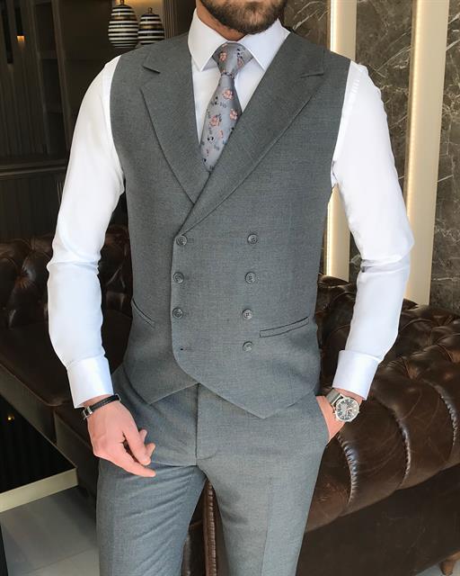 Italian style slim fit men's jacket vest pant suit gray T9128
