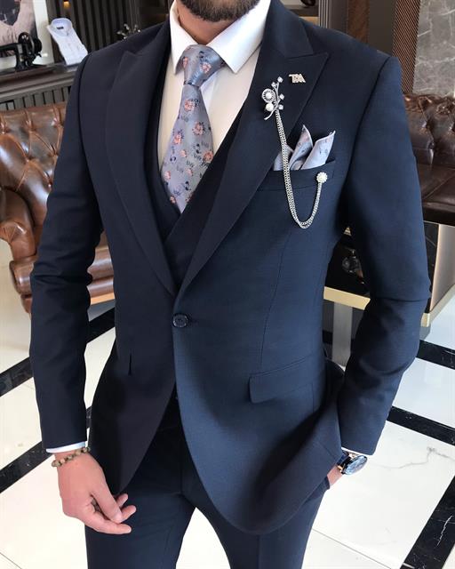 Italian style slim fit men's jacket vest pant suit navy blue T9532