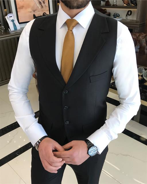 Italian Style Slim Fit Men's Jacket Vest Trousers Suit Black T9024