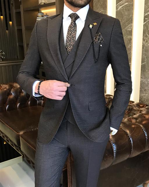 Italian style slim fit men's jacket vest pant suit brown T9133