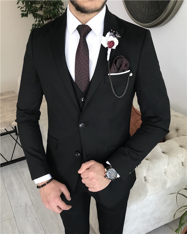 İtalyan stil slim fit erkek ceket yelek pantolon takım elbise Siyah T8256