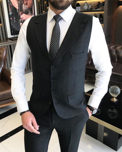 Italian Style Slim Fit Men's Jacket Vest Trousers Suit Black T9037