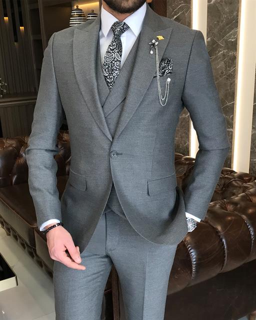 Italian style slim fit men's jacket vest pant suit gray T9121