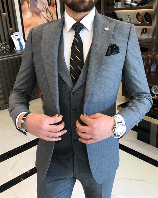 Italian Style Slim Fit Men's Jacket Vest Trousers Suits Gray T9029