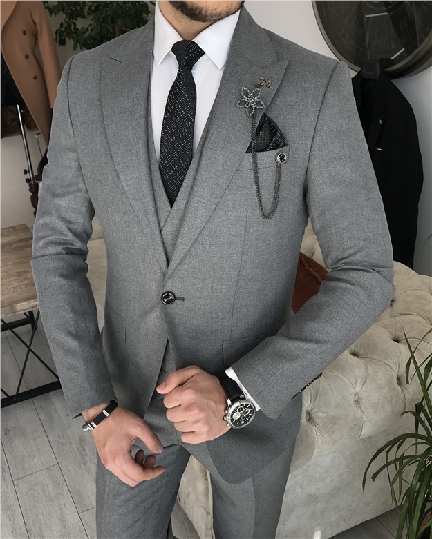 İtalyan stil slim fit erkek ceket yelek pantolon takım elbise Gri T8405