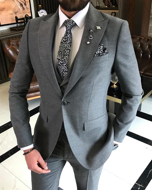 Italian Style Slim Fit Men's Jacket Vest Trousers Suits Gray T9027