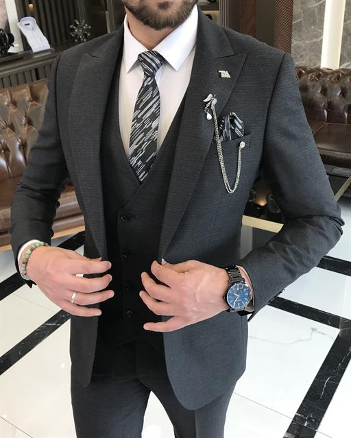 Italian style slim fit men's jacket vest pant suit black T9537