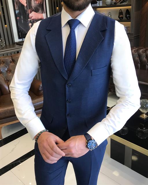 Italian Style Slim Fit Men's Jacket Vest Pants Suit Navy Blue T9033