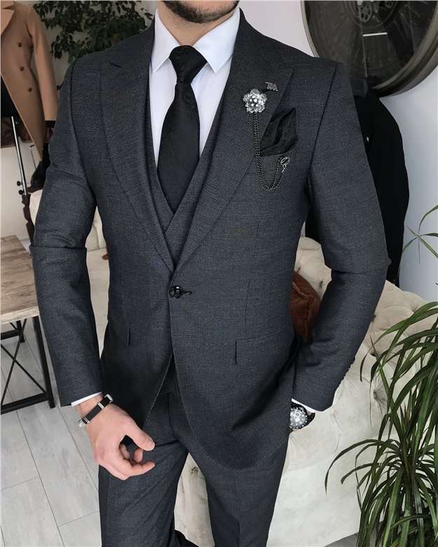 İtalyan stil slim fit erkek ceket yelek pantolon takım elbise Antrasit T8404