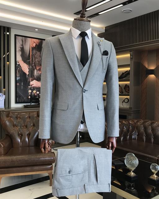 Italian style slim fit men's jacket vest pant suit gray T9523
