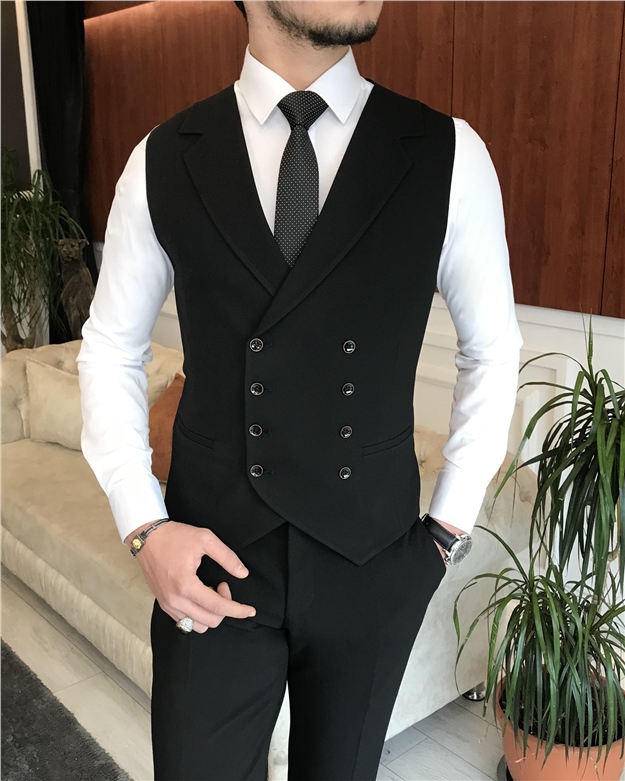 İtalyan stil slim fit erkek ceket yelek pantolon takım elbise siyah T6644