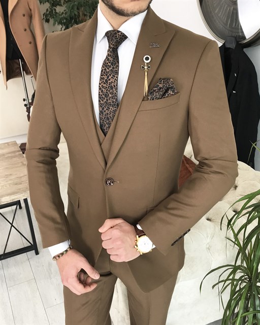 İtalyan stil slim fit erkek ceket yelek pantolon takım elbise Kahverengi T8398