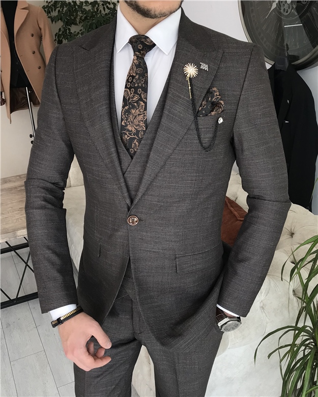 İtalyan stil slim fit erkek ceket yelek pantolon takım elbise Kahverengi T8400