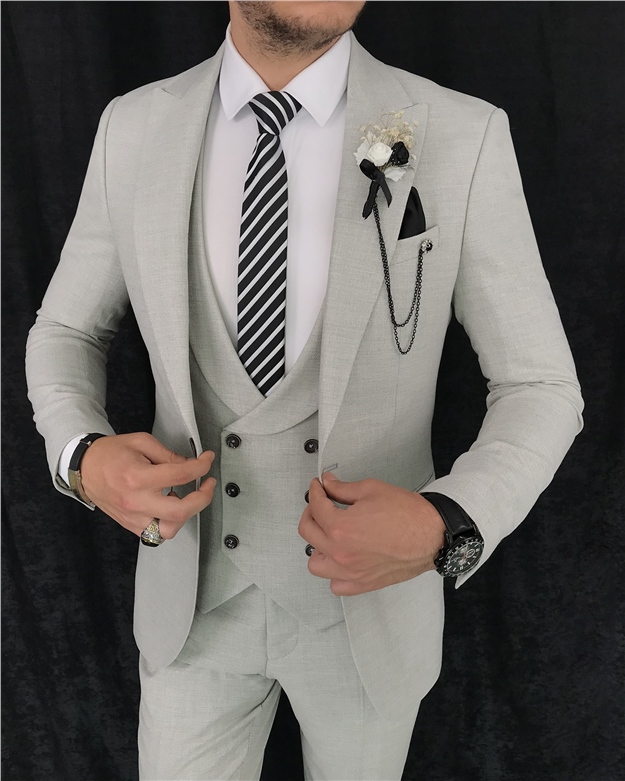 İtalyan stil slim fit erkek ceket yelek pantolon takım elbise Taş T7625