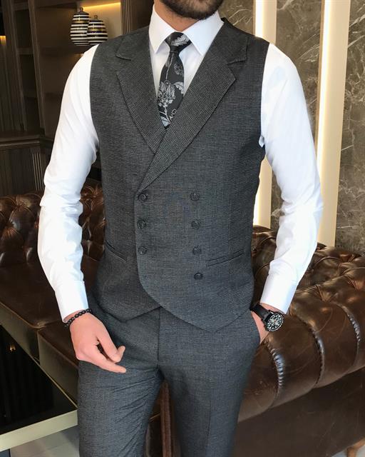 Italian style slim fit men's jacket vest pant suit black T9135